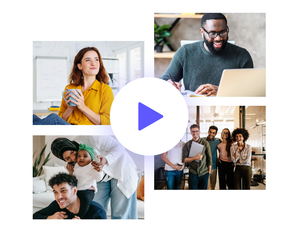 Collage of diverse people in various settings: a woman in an office, a man with a laptop, a group of friends, and a family with a toddler. Play button overlay at center.