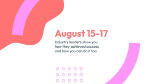 Promotional graphic for a Quiz Night Event on August 15-17 featuring industry leaders, with abstract red and pink design elements.