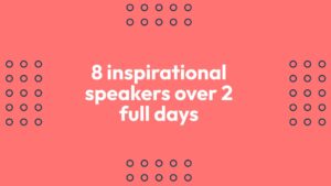 Graphic with text "8 inspirational speakers over 2 full days" on a coral background, surrounded by white circular icons for the Quiz Night Event.