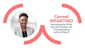 Portrait of a smiling businesswoman with the text "Carmel Infantino, Businesswoman of the Year and Quiz Night Event Champion.