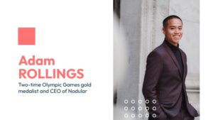 Portrait of Adam Rollings, a smiling man in a dark suit and turtleneck, beside text detailing his achievements as an Olympian and CEO at the Quiz Night Event.