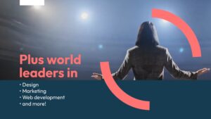 A woman with outstretched arms presenting at a Quiz Night Event, with a slide behind her listing "Plus world leaders in Design, Marketing, Web development, and more!".