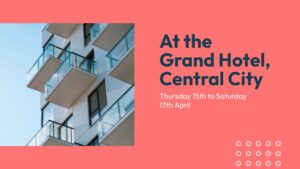 Promotional graphic for the Quiz Night Event at the Grand Hotel, Central City, showing a modern building facade with the event dates April 15-17.