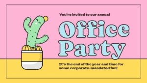 Illustration of an invitation card for an annual office Quiz Night Event with a cactus in a pot, colorful text, and a pink and yellow background.