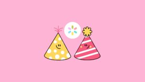Two cartoon party hats, one yellow with polka dots and one pink with stripes, smiling against a pink background with a festive ball and confetti, ready for Quiz Night Event.