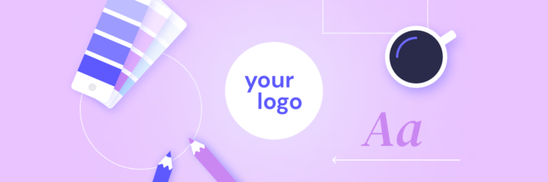 Graphic design concept featuring a pencil, color swatches, a smartphone, and a coffee cup, with a placeholder for a logo and text samples on a lavender background.