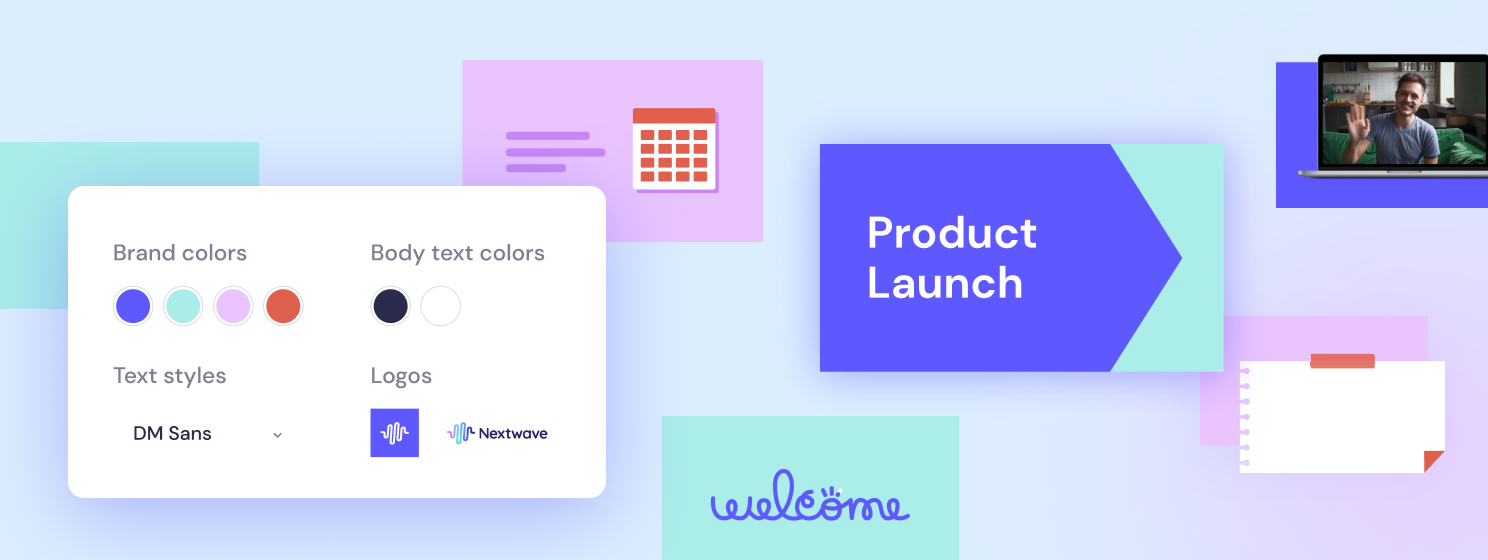 Graphic showcasing elements of a product launch including brand colors, text styles, and logos created using Canva, with labels and a video conference on the right.