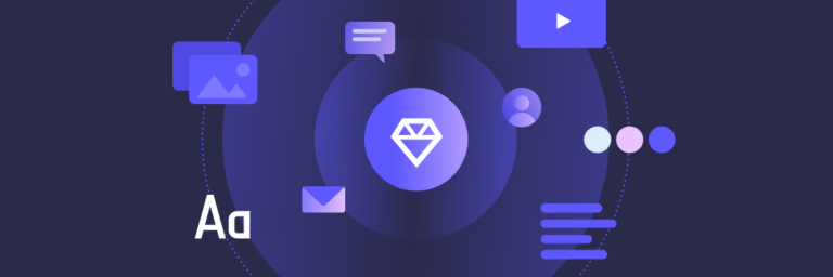 Digital marketing graphic with icons such as video, A/B testing, messages, and images surrounding a central diamond symbol on a dark blue background.