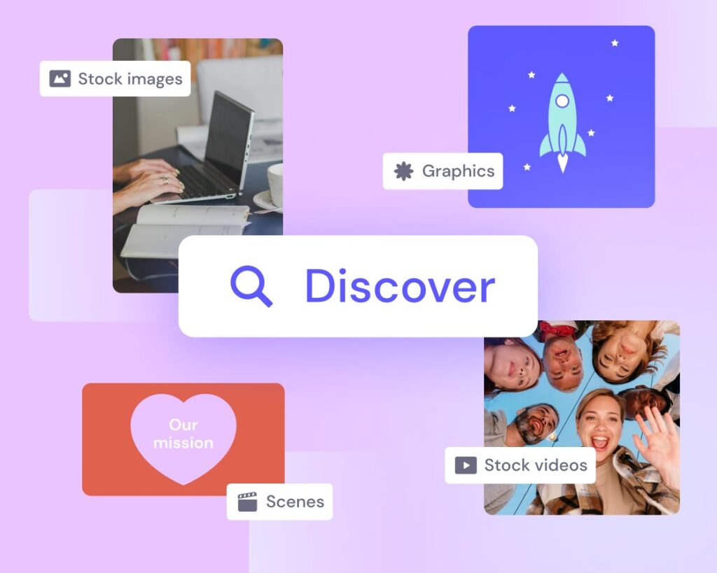 Interface of a digital media platform with various categories including stock images, graphics, and videos, featuring a search bar labeled "Discover.