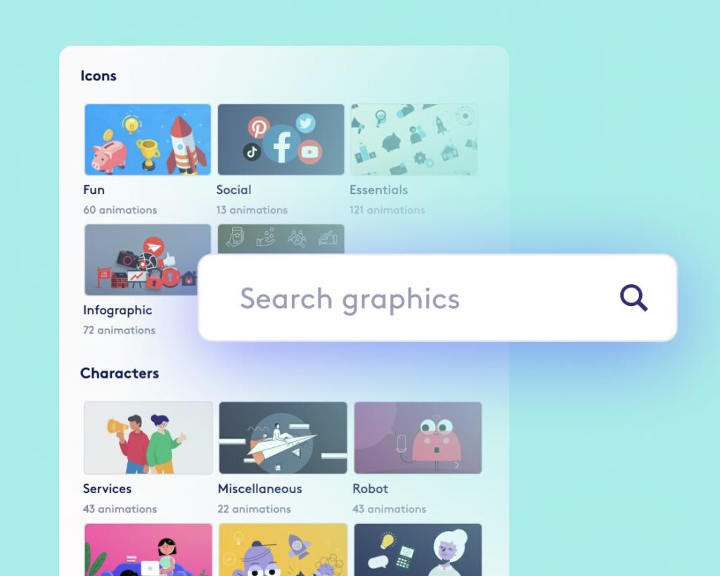 Graphical user interface of a digital asset library, displaying categories like Icons, Animations, Characters with a search bar labeled "Search graphics.