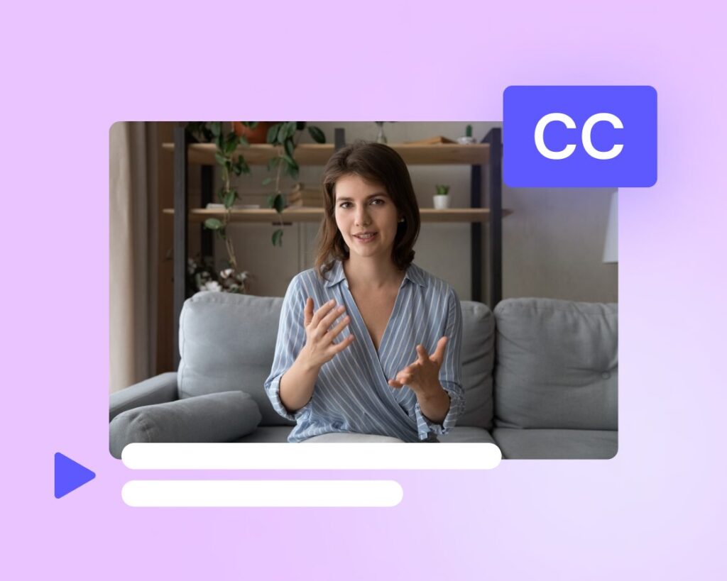 A woman in a striped shirt gestures while speaking, sitting on a couch with a bookshelf behind her; video playback controls and a "CC" icon are visible.