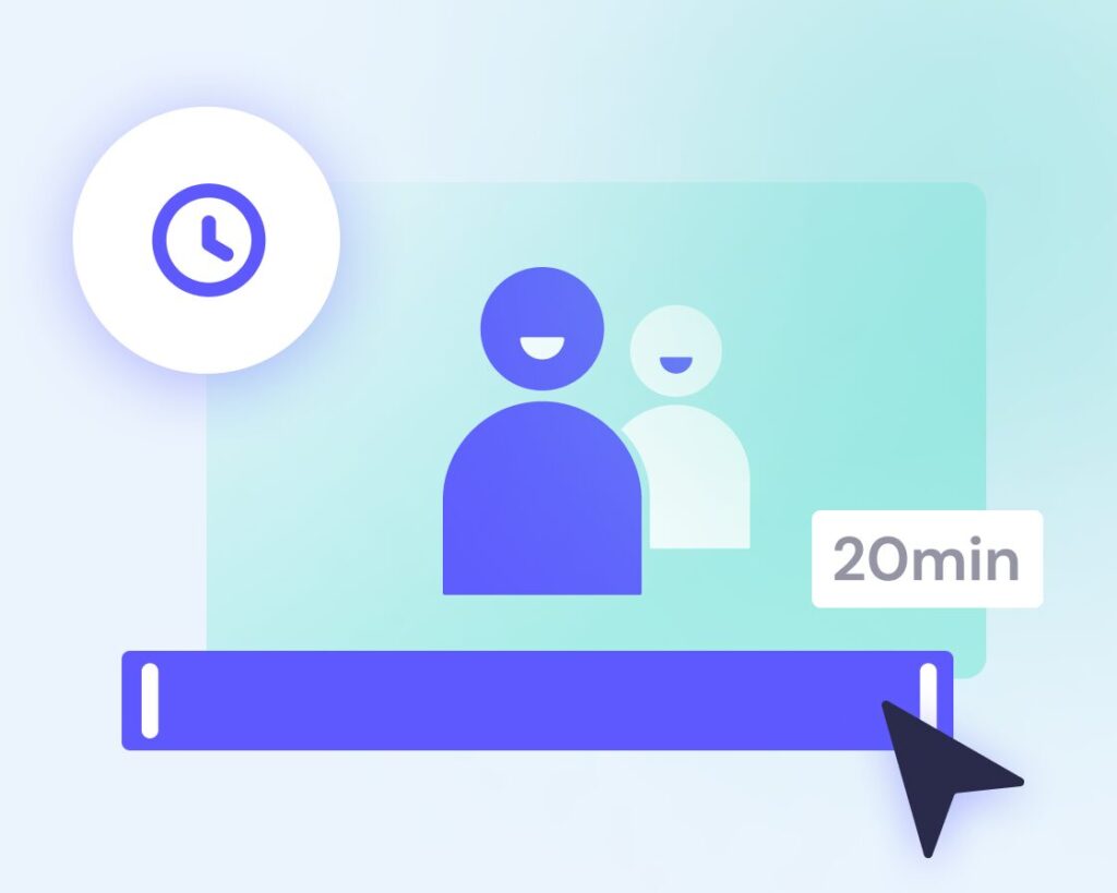 Vector illustration of a user interface with an icon of two people, a clock, a progress bar, and a "20 min" label, using a gradient blue and purple background.