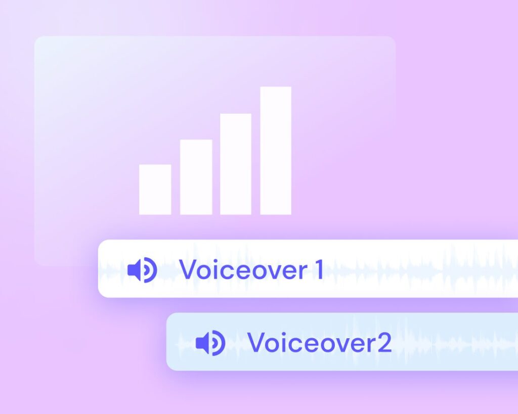 Graphical interface showing a bar chart and two labeled voiceover controls on a purple gradient background.