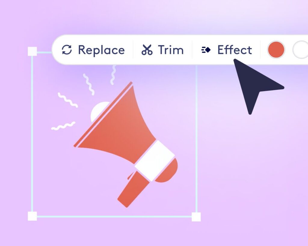 A graphic design interface showing a selected megaphone icon with options to replace, trim, and apply effects.