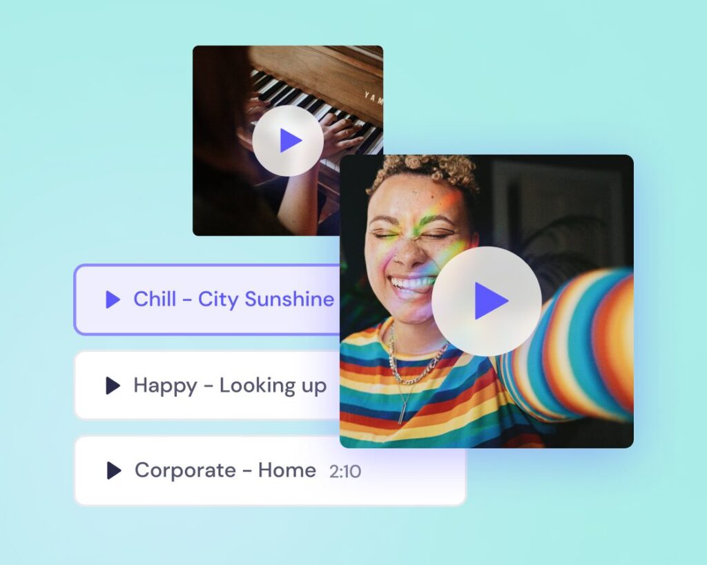 A digital interface displaying a selection of music tracks with playable videos, featuring a smiling person with face paint and piano keys in separate video thumbnails.