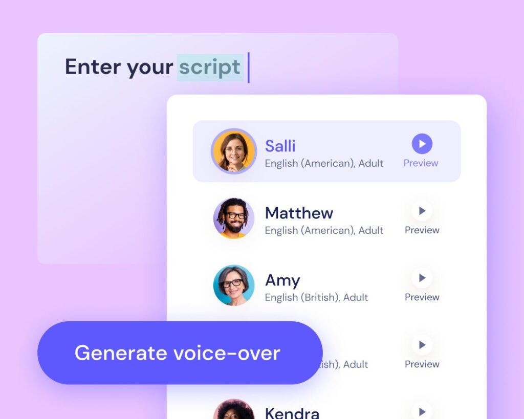 A digital interface showing a "Generate voice-over" screen with profile options for selecting voice actors by name and accent.