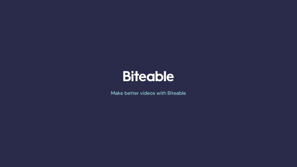 A promotional graphic for Biteable featuring a dark blue background with the text "Biteable" in large white letters, followed by the slogan "Make better videos with Biteable" in smaller white font.