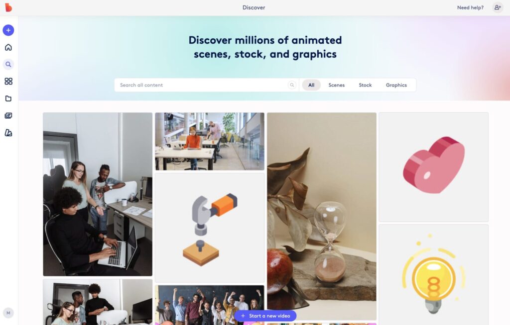 The new Discover page in Biteable allows you to search for stock images, stock video, scenes, and graphics elements in one place.