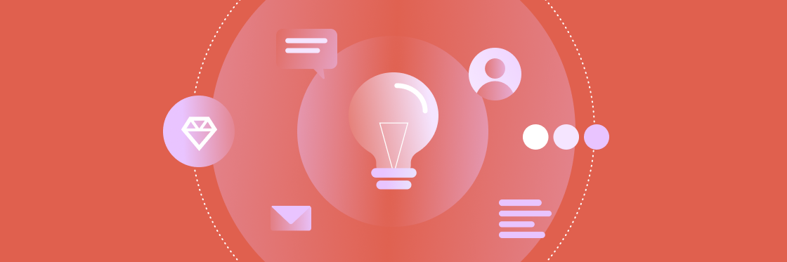 Graphic design concept featuring a central light bulb icon surrounded by various design elements and communication icons on a red background.