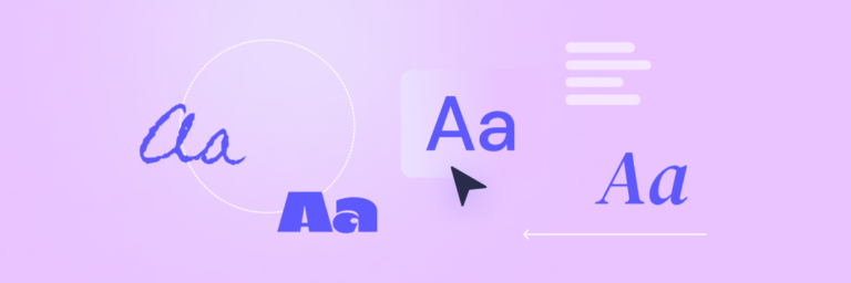 Various types of "Aa" text are displayed on a light purple background, showcasing different fonts and styles, including script, bold, and italic. A cursor points at one style, illustrating how to use fonts effectively.