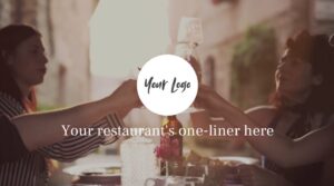 Three people clink glasses at an outdoor table, celebrating in style; a circular logo and space for a one-line slogan are overlaid in the center—perfect for a restaurant ad video template.