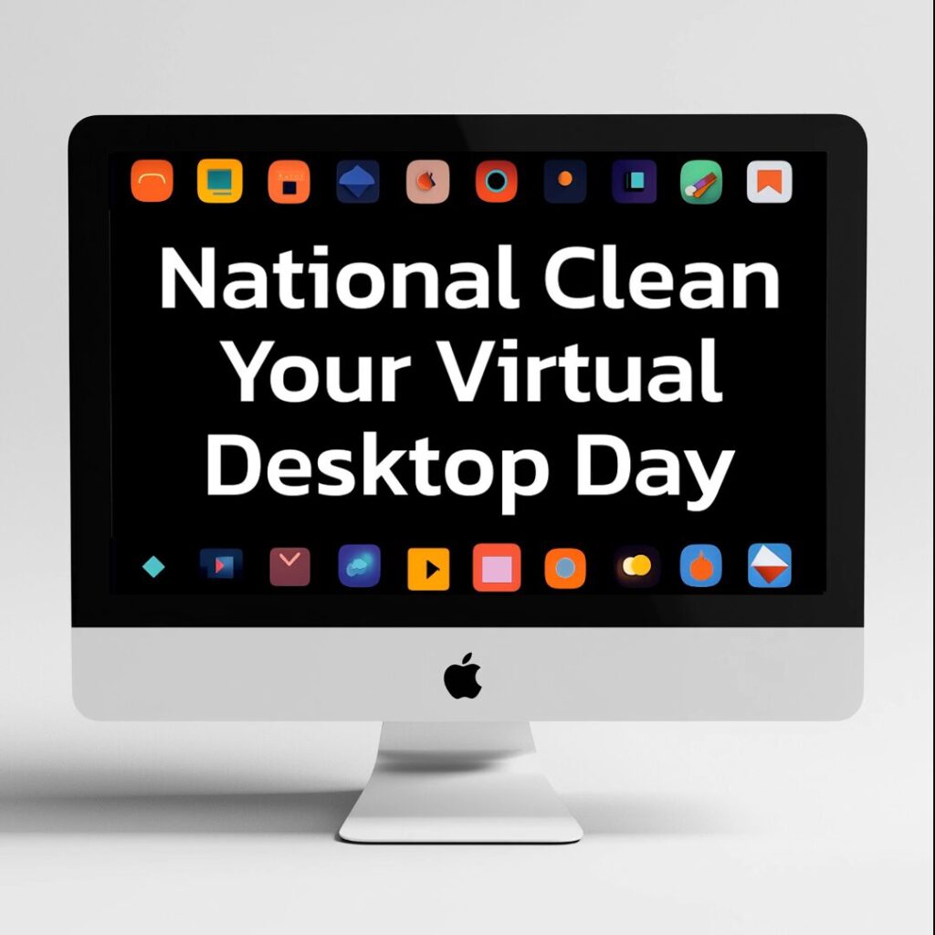 A computer screen displays the text "National Clean Your Virtual Desktop Day" with colorful app icons along the top and bottom edges of the screen.