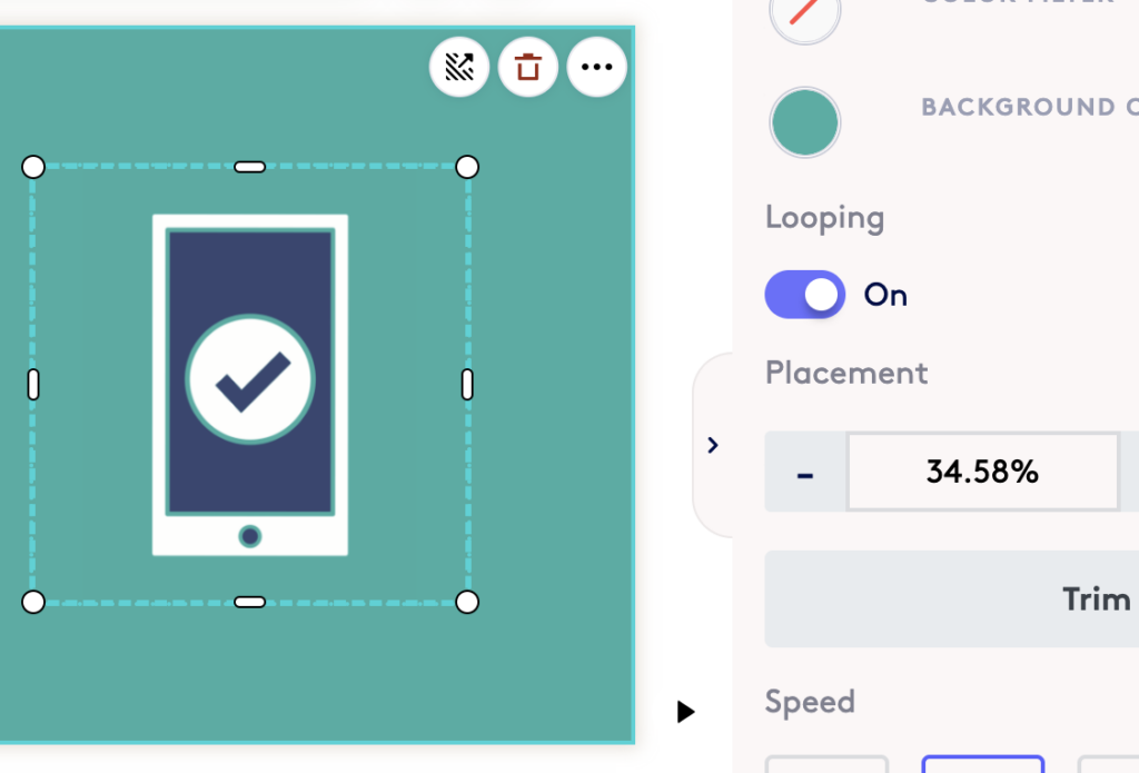 A software interface showing an editing tool with a smartphone icon and a checkmark. The option for looping is turned on, and placement details display a value of -34.58%.