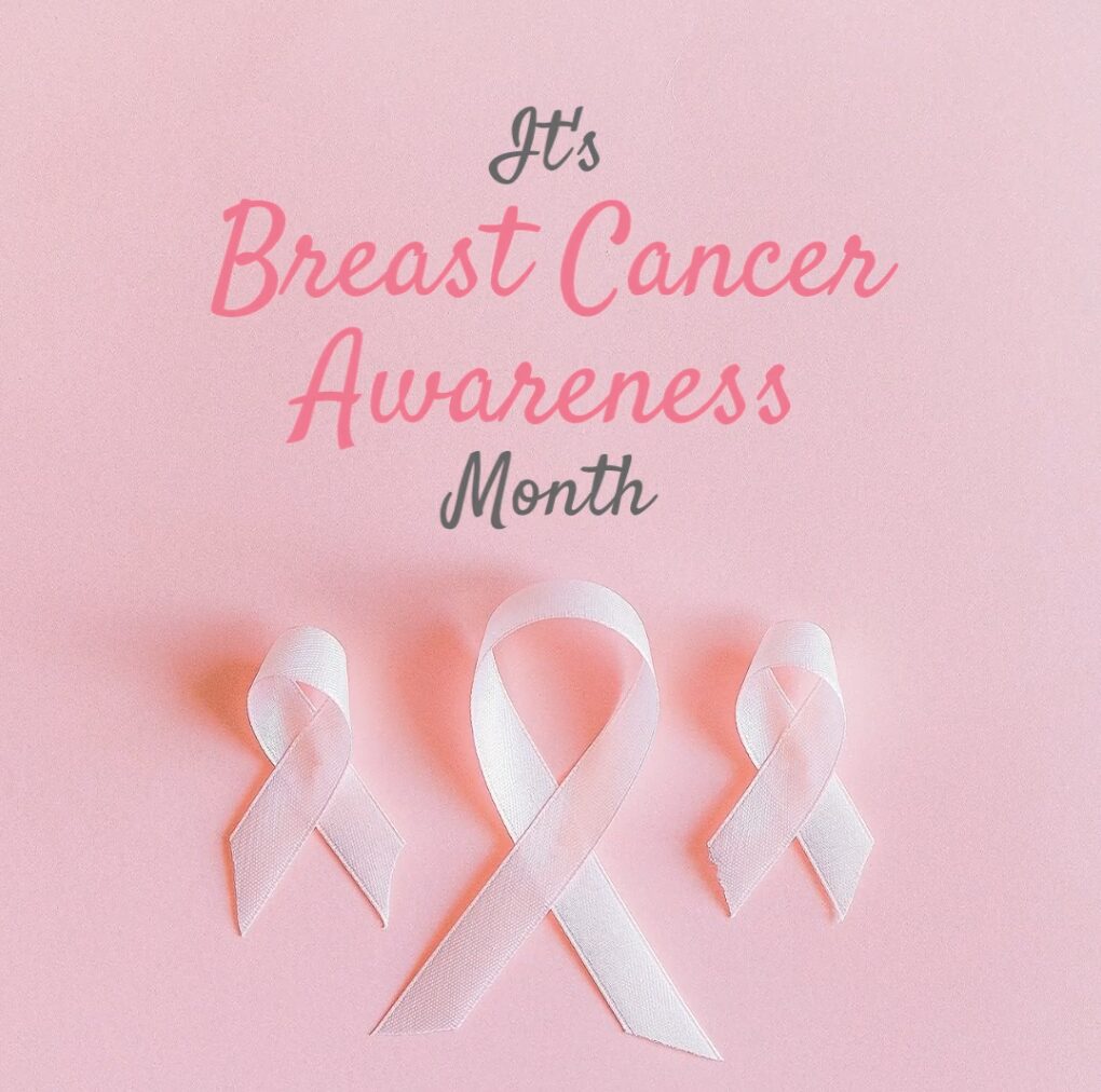 Pink background with three pink ribbons of varying sizes and text that reads "It's Breast Cancer Awareness Month.