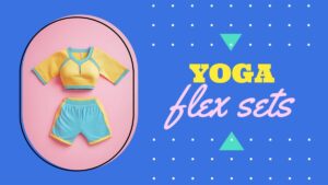 A yellow and blue short-sleeve crop top and shorts set is displayed on a pink background, with the text "Yoga flex sets" on a blue background beside it.