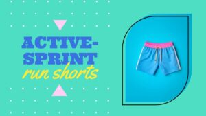 Light blue athletic shorts with a pink waistband and yellow drawstring displayed on a turquoise background, labeled "Active-Sprint run shorts" in bold text.