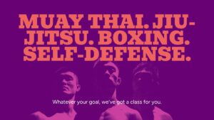 Three men stand in shadow with text above listing Muay Thai, Jiu-Jitsu, Boxing, and Self-Defense, and a tagline below about classes for any goal.
