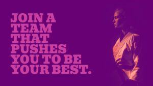 A person in martial arts uniform stands in profile next to bold text that reads, "Join a team that pushes you to be your best." The image has a purple color overlay.