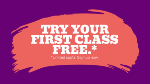 A purple background with orange paint stroke displaying the text “Try your first free.* Limited spots. Sign up now.” in bold white and small white letters.
