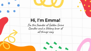 Text in graphic introducing Emma as the founder of Golden Grove Candles, with abstract colorful shapes on a white background.