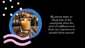 A lit yellow candle sits on a wooden surface in a circular frame, with text describing inspiration from countryside trips and the scent of wildflowers and rain.