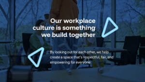 People working in an office setting with text overlay: "Our workplace culture is something we build together" and a note on respect, fairness, and empowerment.