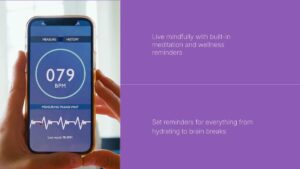 A hand holds a smartphone displaying a heart rate of 79 BPM; adjacent text highlights wellness and hydration reminder features.
