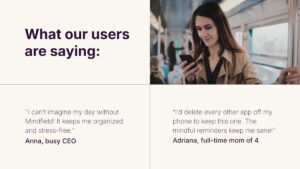 A woman checks her phone on public transport; text highlights positive user testimonials about the Mindfield app from a CEO and a full-time mom.