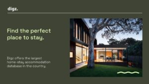 A modern home with large windows and a tree in the yard, alongside text promoting digz as the largest home-stay accommodation database in the country.