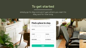A website prompt screen instructing users to visit digz.com to find a place to stay, with a form asking for location, dates, bedrooms, and bathrooms in front of a cozy room background.