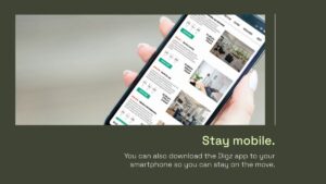 A hand holds a smartphone displaying the Digz app interface with apartment listings; text below encourages downloading the app to stay mobile.