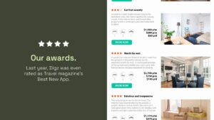 Awards announcement on the left, highlighting Digz as Travel magazine's Best New App; right side shows rental listings with images, prices, and booking options.