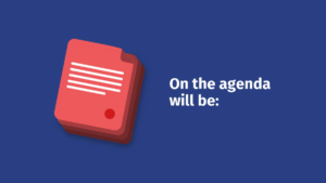 A red document icon appears on a blue background next to the text "On the agenda will be:".