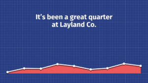 A line graph with data points and a red shaded area underneath, accompanied by the text: "It’s been a great quarter at Layland Co." on a blue grid background.