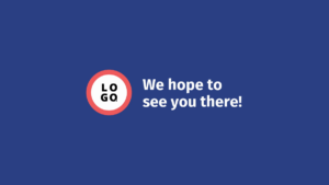 A blue background with a circular logo on the left and the text “We hope to see you there!” in bold white letters on the right.