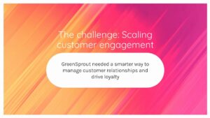 A slide with a pink and orange gradient background reads: "The challenge: Scaling customer engagement. GreenSprout needed a smarter way to manage customer relationships and drive loyalty.