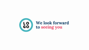 A circular logo on the left with the text "We look forward to seeing you" in blue and red on the right, all on a white background.