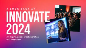 Promotional graphic for "Innovate 2024" featuring a speaker at a podium and an audience watching a presentation, with the tagline "An inspiring week of collaboration and innovation.