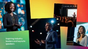 Collage of professional speakers presenting on stage at conferences, with text: "Inspiring industry leaders and keynote speakers" on a colorful gradient background.