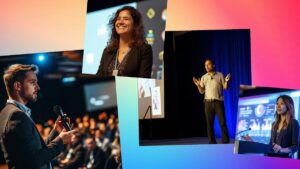 A collage of four people speaking at conferences, each addressing an audience from a stage or podium with presentation screens visible in the background.
